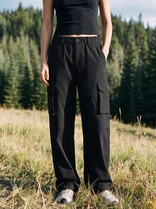 WanderVale Women's Solid Color Pocket Casual Daily Outdoor Long Pants - Black - View 3