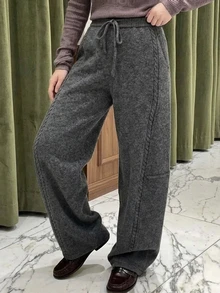 Livesso Women's Solid Color Drawstring Elastic Waist Fashion Knit Straight Leg Pants - Dark Grey - View 3