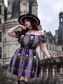 Whyspr Gaun Ukuran Plus Terbaru untuk Halloween, Model A-Line dengan Motif Tengkorak, Bahu Terbuka, Patchwork Renda, dan Potongan Pinggang yang Mengencangkan. - MultiWarna - View 4