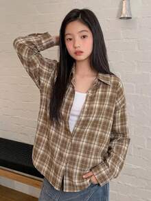 Dazy Kids 格紋長袖休閒寬鬆日常春秋冬青少年女孩襯衫 - 卡其色 - 查看 5
