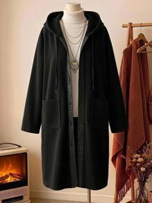 Rusticease Plus Size Fashion Button Pocket Long Sleeve Hooded Jacket Going Out Vacation Black Winter Baggy Smart - Black - View 1