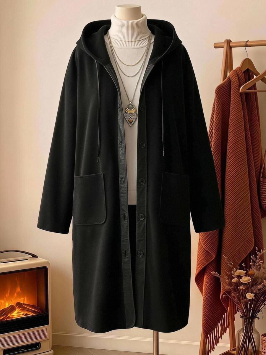 Rusticease Plus Size Fashion Button Pocket Long Sleeve Hooded Jacket Going Out Vacation Black Winter Baggy Smart - Black - View 1