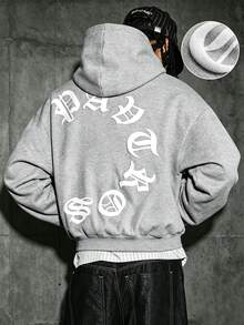 SHEIN 1件青少年男孩極簡高街小印花圖案套頭運動衫，大背印設計，舒適面料，獨特版型，秋冬新款，適合多種場合 - 灰色 - 查看 1