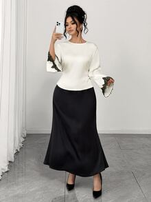 Elenzga Plus Size Elegant Commuter Style Long Sleeve Top Flared Skirt 2 Pieces Set Brunch Office All White Black Fall - Black - View 4