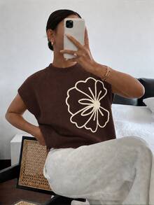 Siren Gaze 女款針織短袖圓領簡約時尚上衣，針織毛衣花卉夏季度假休閒聖誕節度假風 - 鏽棕色 - 查看 5