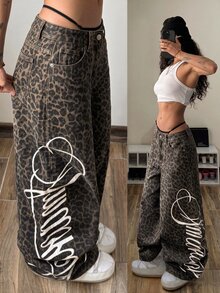 StreetHx Women's Fashion Leopard Print Letter Graphic Wide Leg Denim Jeans - Multicolor - View 1