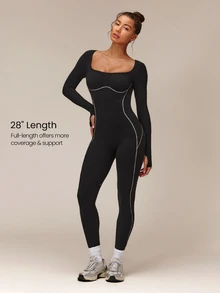 GLOWMODE 28" FeatherFit™ Keep Glowing Color-Blocked Contour Bodysuit With Cutout Back & Thumbholes Yoga Pilates Studio Daily Active Wear - Black - View 2