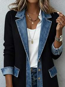 SHEIN Franclia Women's Fall Winter Denim Print Contrast Lapel Blazer Corduroy Woven Ribbed Long Sleeve Button Down Jacket With Pockets Casual Office Outerwear - Black - View 4