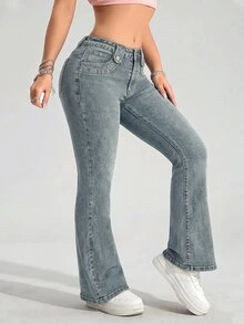 SHEIN PETITE 女款休閒日常旅行牛仔褲，附口袋與鈕扣設計 - 藍色 - 查看 5