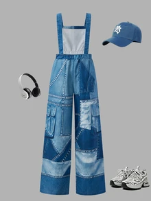 Tween Girl' Suspenders Wide Leg Pants Loose Fit Style School White Blue Spring Casual Baggy - Blue - View 2