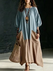 Wandoria Vintage Distressed Washed Denim & Linen Patchwork Loose Fit Dress, Round Neck With Gathered Detail, Lantern 3/4 Sleeves, Dual Side Pockets, Asymmetrical Hem, Casual Vacation Style - Multicolor - View 1