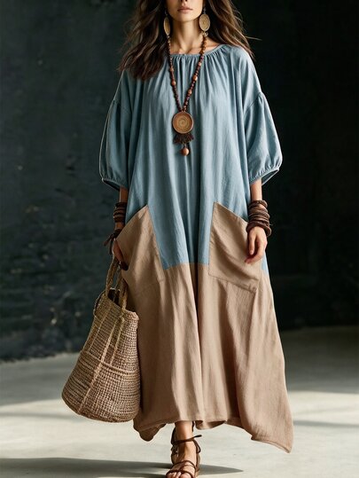 Wandoria Robe ample en patchwork de denim délavé vintage et lin, col rond avec détail froncé, manches 3/4 lanternes, doubles poches latérales, ourlet asymétrique, style décontracté de vacances