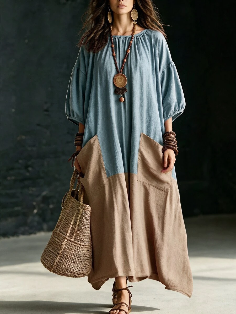 Wandoria Vintage Distressed Washed Denim & Linen Patchwork Loose Fit Dress, Round Neck With Gathered Detail, Lantern 3/4 Sleeves, Dual Side Pockets, Asymmetrical Hem, Casual Vacation Style - Multicolor - View 1