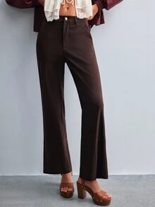 Willow Rêve Women's Solid Color Pocket Casual Daily Flare Long Pants - Brown - View 6