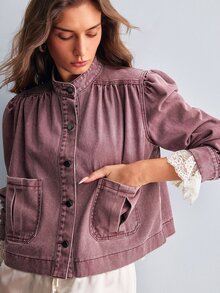 Willow Rêve Women's Solid Color Single-Breasted Long Sleeve Denim Jacket With Pockets, Versatile - Rust Brown - View 1