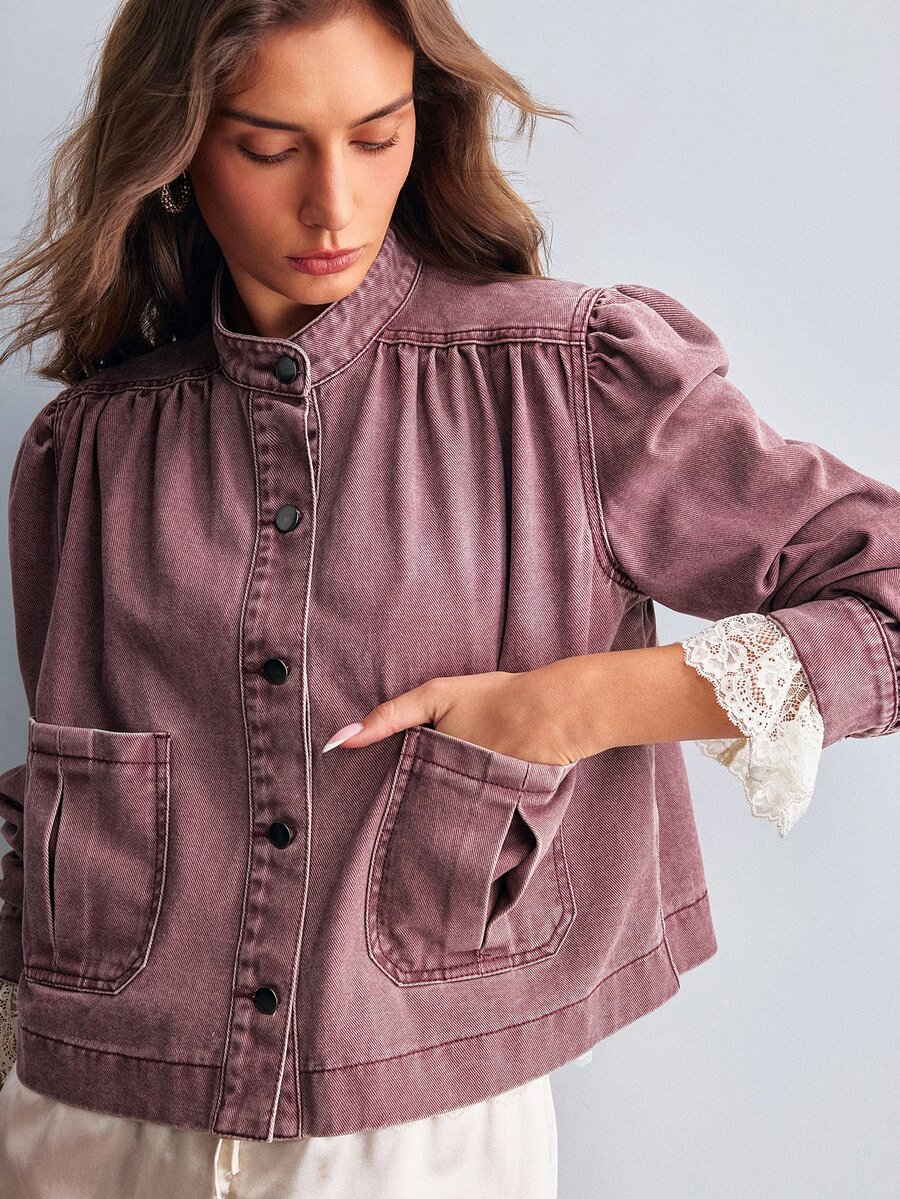 Willow Rêve Women's Solid Color Single-Breasted Long Sleeve Denim Jacket With Pockets, Versatile - Rust Brown - View 1