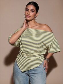 SHEIN BAE CURVE Áo thun nữ size lớn màu vàng kẻ sọc, tay lỡ, vai bất đối xứng - Màu vàng - Xem 3
