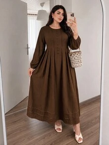 Solavon Plus Size Women's Solid Color Pleated Casual Party Arabian Dress - Camel - View 6
