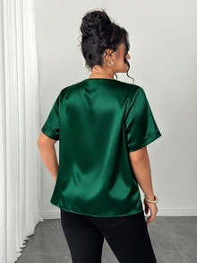 Elenzga Plus Size Elegant Glossy Minimalist V-Neck Satin Top For Women, Casual Business Summer - Dark Green - View 2