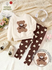 Baby Girls Bear Cartoon Sweatshirt & Lace Trim Leggings Set, Heart Print, Cream & Brown (2 Pcs) Fall Winter - Multicolor - View 4
