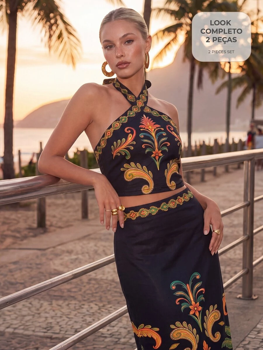CAJUNI Tropical Vacation Knitting Top And Skirt Coord - Multicolor - View 1