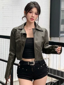 DAZY 秋冬橄欖綠街頭寬鬆休閒短版PU皮革機車夾克女款Y2K上衣 - 橄欖綠 - 查看 4