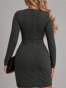 Easura Women's Plus Size Elegant Spring/Autumn Vacation Party Black Solid Color Collar Long Sleeve Short Dress With Metal Buckle Design, Suitable For Party And Gathering Outfits - Black - View 2