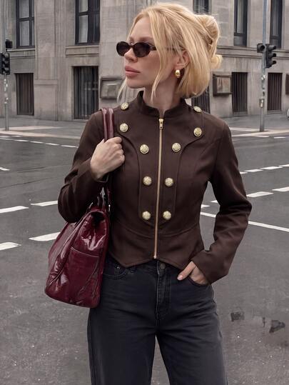 SHEIN Chaqueta corta de mujer con doble botonadura, botones dorados delanteros, cremallera, manga larga, cuello alto, dobladillo asimétrico, ajuste ceñido, estilo militar vintage americano