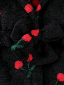 SHEIN 秋冬新生兒白色底可愛紅櫻桃印花雙面法蘭絨毛絨蝴蝶結睡袍 - 黑色 - 查看 4