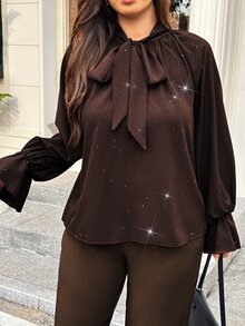 Vionelle Blus Lengan Panjang Berkilau Elegan Gaya Prancis untuk Wanita Ukuran Besar dengan Kerah Ikat - Coklat - View 4
