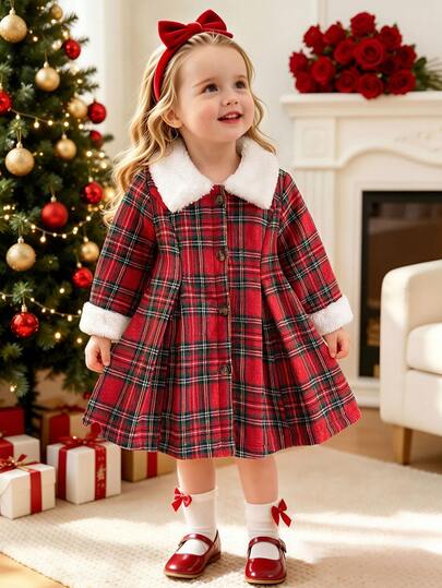 SHEIN 1件幼童女童羊毛格紋大衣，優雅甜美紅色毛絨領結領、百褶長袖彼得潘領，厚實冬季節日婚禮賓客款