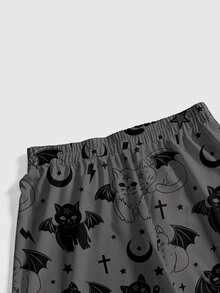 ROMWE Celana Panjang Gothic Motif Salib Kucing Gaya Dark Punk Ukuran Besar - Grey - View 4