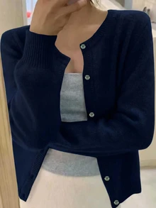 INAWLY 女款時尚復古鈕扣長袖針織開襟衫 - 藏蓝色 - 查看 3