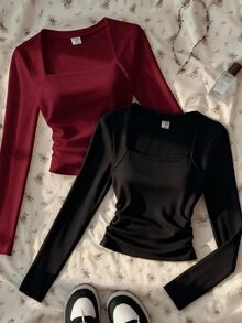 2PCS Teen Girls T-Shirts - Burgundy - View 2
