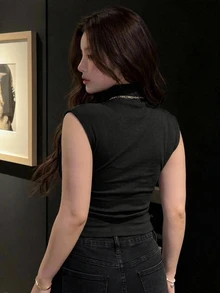 Dazy Plus Solid Color Semi-High Neck Short Sleeve Casual T-Shirt, New Style For Spring, Summer And Early Autumn - Black - View 2