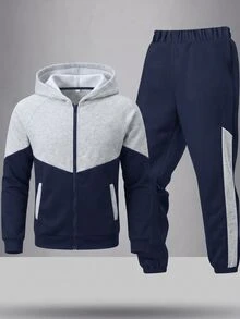 SHEIN 2件組兒童青少年男孩休閒運動日常百搭舒適拼色落肩袖連帽寬鬆套頭衛衣長袖運動外套收口寬鬆運動長褲針織運動套裝，適合日常穿著、上學、旅行、運動，秋冬款 - 藏蓝色 - 查看 5