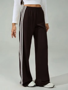 SHEIN Tall 女款彈性腰側條紋寬腿寬鬆休閒運動長褲，返校季 - 咖啡棕 - 查看 7