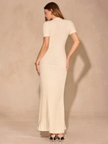 Enchnt Elegant Button Decor Round Neck Short Sleeve Fitted Sweater Dress Suitable For Daily Wear - Apricot - View 7