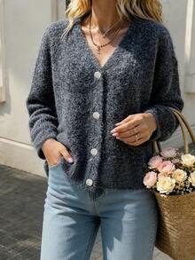 INAWLY Women's Knitted Cardigan Jacket With Buttons, Streetwear Sweater - Grey - View 4