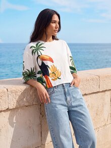 CAJUNI Women's Beach Vacation Palm Tree Print Round Neck Short Sleeve Casual Tropical T-Shirt White Summer - Multicolor - View 3