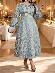 Fleurora Plus Size Women's Jacquard 3D Floral Decor Lantern Sleeve Elegant Dress - Blue - View 5
