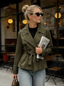 SHEIN PariChic 女款秋冬基礎款鈕扣裝飾收腰長袖風衣外套 - 軍綠色 - 查看 4