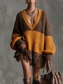 Solivie Women's Contrast Color V-Neck Dropped Shoulder Long Sleeve Tassel Hem Knit Dress Thanksgiving Everyday Date Brown And Yellow Fall Boho - Multicolor - View 1