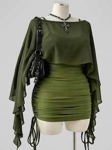 Sunspun Plus Size Spring/Summer Sheer Top & Fitted Drawstring Cami Dress 2 Pieces Set - Army Green - View 1