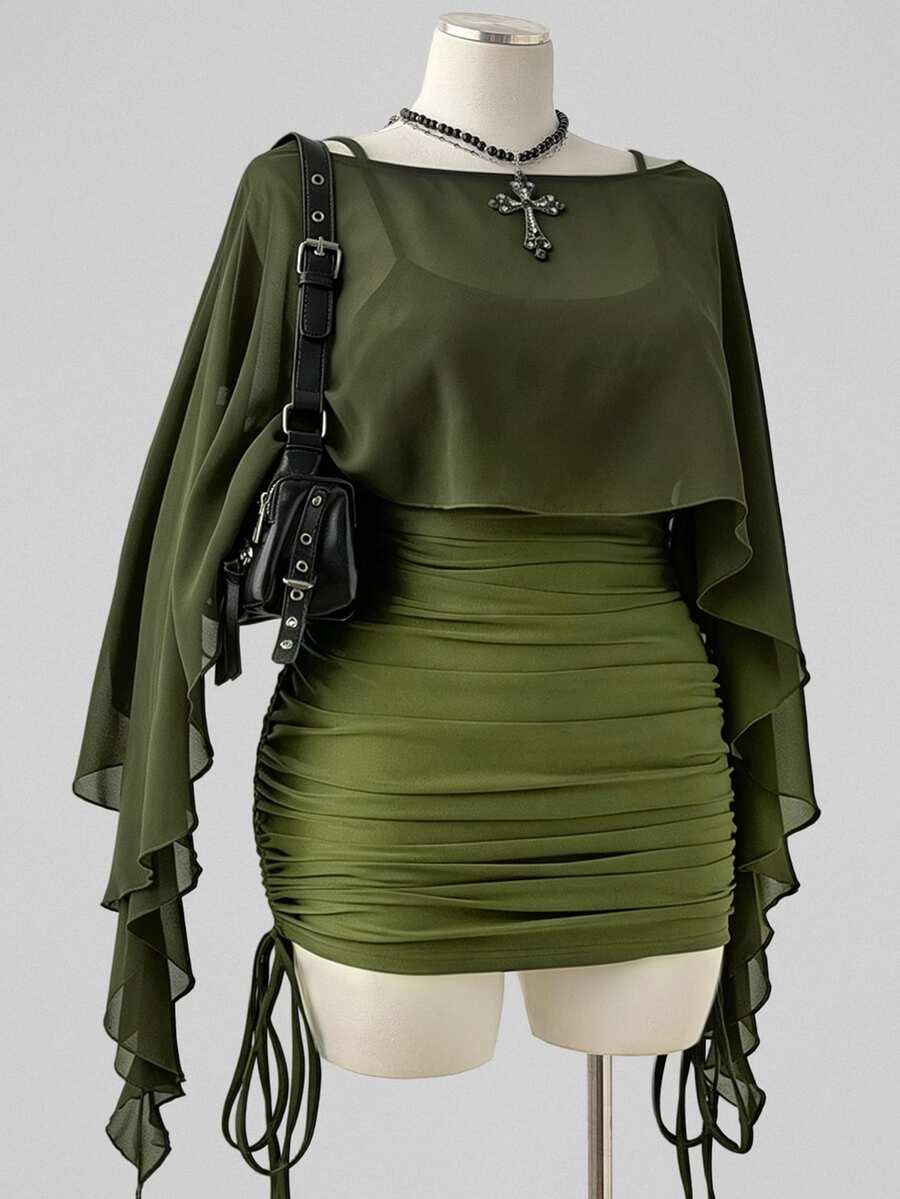 Sunspun Plus Size Spring/Summer Sheer Top & Fitted Drawstring Cami Dress 2 Pieces Set - Army Green - View 1