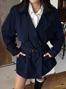 SHEIN EZwear 女款新款純色雙排扣休閒中長款風衣 - 藏蓝色 - 查看 7