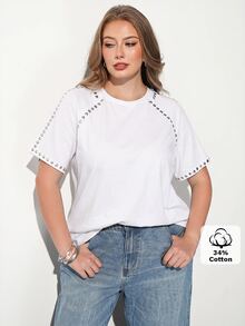 Maija Plus Size Rivet Decorated Sexy Crew Neck Short Sleeve T-Shirt For Daily Wear - White - View 7