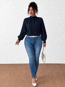 Elenzga Blus Wanita Ukuran Besar Warna Polos Kasual Minimalis Bertekstur Tenun dengan Potongan, Cocok untuk Jalan-jalan dan Bepergian - Navy Blue - View 6