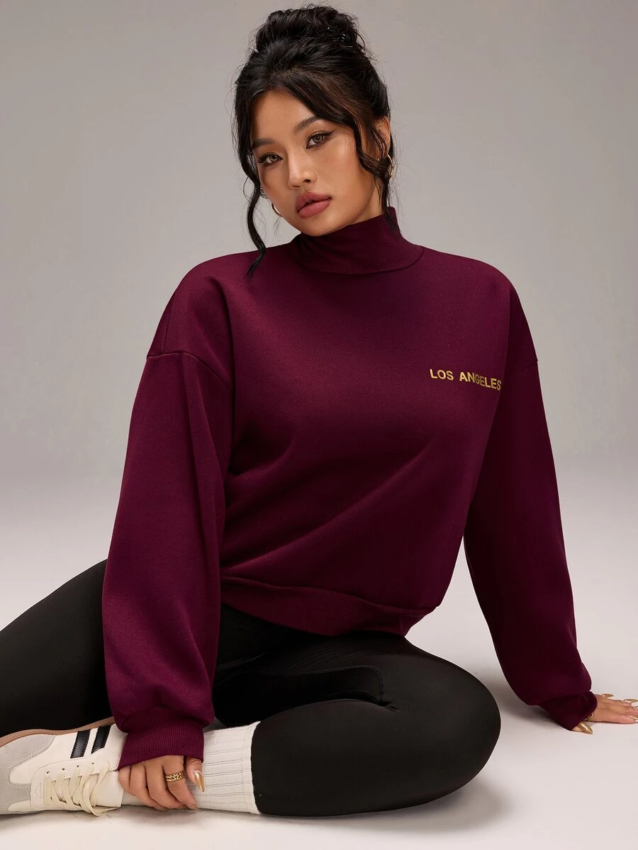 EMERY ROSE Plus Size Women's Letter Print Stand Collar Casual Daily Long Sleeve Sweatshirt - Red - View 1