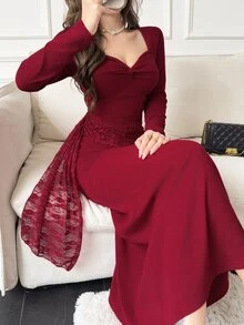 Feyla Women's Elegant Front Knot Ruched Fishbone Lace Dress - Red - View 3